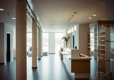 A wide shot of a contemporary reception area featuring a long desk, structural columns, and large windows providing ample natural light. ideal for depicting corporate, spa, or medical facility lobbies.の素材