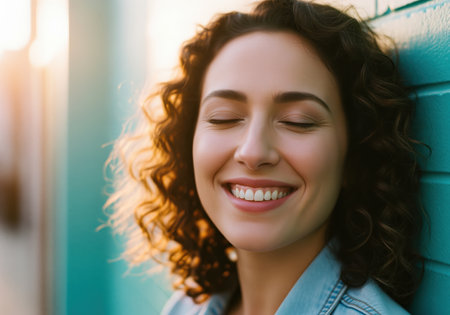 A beautiful young woman with curly brown hair smiles radiantly with her eyes closed, leaning against a teal wall in warm golden hour sunlight, conveying pure happiness and relaxation.の素材