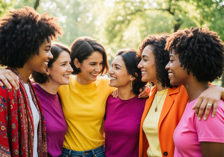 A group of six happy, diverse women embracing and smiling warmly at each other in a park setting. this image captures genuine connection, sisterhood, and multicultural friendship.の素材