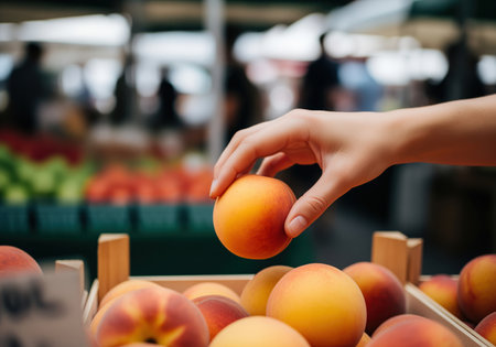 Close up shot of a person hand reaching into a wooden crate to pick up a perfectly ripe, orange and red peach at an outdoor farmers market. this image conveys freshness, healthy eating, and local shopping.の素材