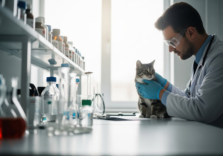 A male veterinarian wearing protective gear and gloves gently examines a sitting tabby cat on a lab table surrounded by scientific equipment and bottles. this image is suitable for veterinary medicine, animal health, and research concepts.の素材