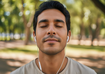 A handsome young man with dark hair is shown in a close up outdoors, eyes closed in peaceful meditation or deep relaxation while listening to audio through white wired earbuds.の素材