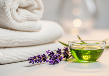 Close up of a luxurious spa arrangement featuring neatly stacked white terry towels, fresh lavender blossoms, and a small glass bowl filled with vibrant green aromatic oil, perfect for beauty and therapy concepts.の素材