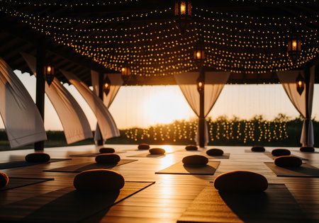 A tranquil outdoor yoga pavilion set up for a sunset session, featuring rows of mats and cushions on a wooden floor, illuminated by warm string lights and golden hour glow. this space evokes peace and wellness.の素材
