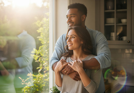A loving diverse couple embraces by a sunlit window in their kitchen, sharing a quiet, happy moment together. this image conveys warmth, domestic bliss, and relationship goals.の素材