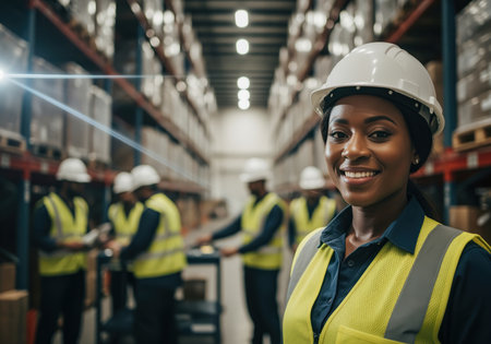 A confident african american woman wearing a white hard hat and high visibility vest smiles brightly while standing in a large distribution warehouse aisle. she represents essential workers, logistics, and industrial safety.の素材