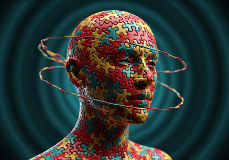 Abstract 3D rendering of a human bust composed entirely of interlocking red, yellow, and blue puzzle pieces, symbolizing identity, mental health, and the complexity of the human mind.の素材