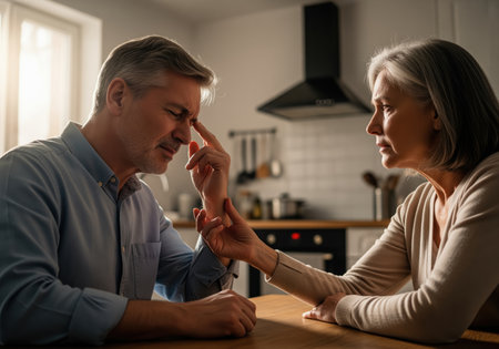 A worried senior woman comforts her husband who is experiencing intense pain, possibly a headache or migraine, while sitting together at their kitchen table, highlighting themes of empathy and care in aging relationships.の素材