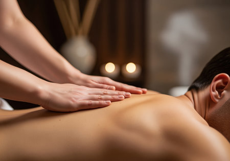 A professional masseuse applies essential oils while performing a soothing back massage on a male client lying face down on a treatment bed. this image conveys relaxation, therapy, and luxurious wellness.の素材