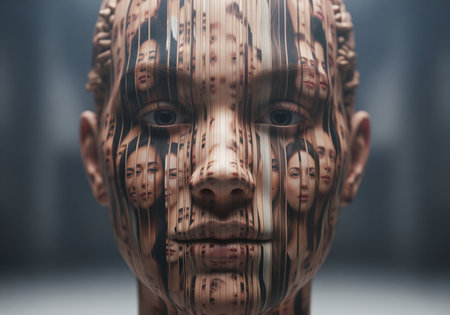 A striking digital artwork featuring a composite human head where the surface is fragmented into vertical strips, revealing layers of different female faces underneath. explores themes of identity and data.の素材