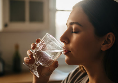 A cinematic close up captures a young woman in profile, eyes closed, enjoying a refreshing drink of water from a patterned glass indoors. this evokes feelings of hydration, health, and relief.の素材