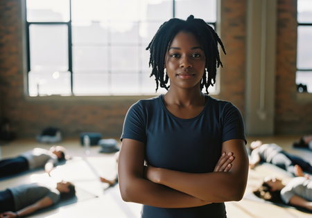 A confident young black woman, a yoga instructor, stands centered with crossed arms in a sunlit studio, overseeing students relaxing on mats after a class. this conveys leadership, wellness, and fitness.の素材