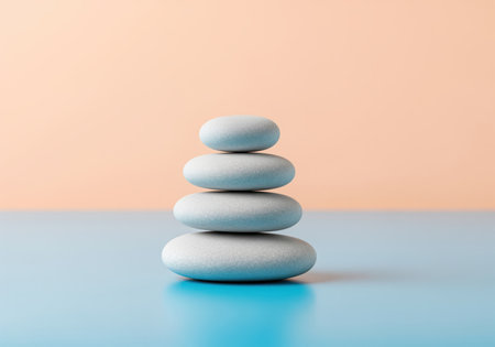A minimalist composition featuring four smooth, light grey zen stones stacked vertically in a perfect cairn. this image conveys concepts of balance, meditation, spa, wellness, and peaceful harmony.の素材
