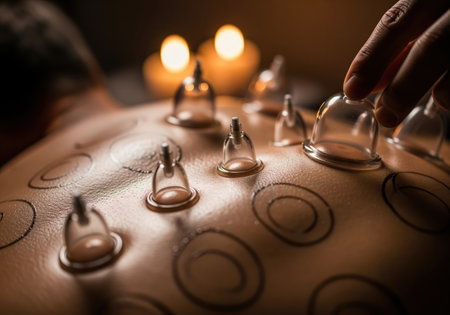 A close up shot of a person receiving traditional cupping therapy. glass suction cups are applied to the back skin in a relaxing, dimly lit spa environment, promoting wellness and muscle relief.の素材