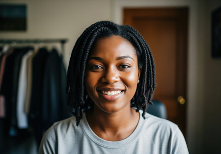A beautiful young african american woman with short box braids smiles warmly directly into the camera. this authentic headshot conveys happiness, confidence, and approachability, suitable for professional or lifestyle content.の素材
