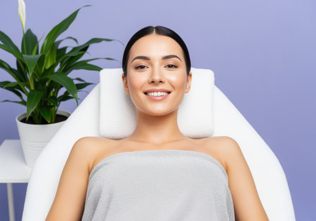 Smiling woman with glowing skin lies comfortably on a white treatment table, wrapped in a towel, awaiting a cosmetic procedure or facial at a modern beauty clinic or spa.の素材