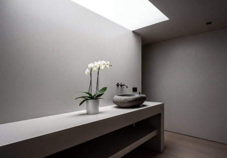 Sleek and clean minimalist bathroom interior featuring a contemporary stone basin, stylish faucet, long grey countertop, and a white orchid.の素材