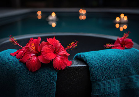 Vibrant red hibiscus flowers rest on folded teal towels beside the edge of a dark spa pool, with blurred warm lights reflecting on the water surface, creating a serene and luxurious atmosphere.の素材