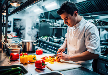 Male chef in white uniform diligently chopping vibrant red and yellow bell peppers on a white cutting board in a bustling commercial kitchen with steam. Focus on food preparation, fresh ingredients, and culinary expertise.の素材