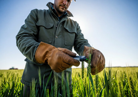 Man in agricultural gloves inspecting a green wheat stalk with a modern sensor device in a vibrant sunny field, symbolizing precision farming and crop health monitoring.の素材