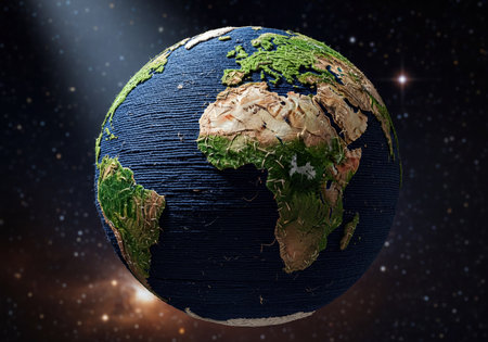 Close up view of a handcrafted Earth globe model made of blue yarn and green and brown paint, detailed continents, set against a dark starry outer space background. Represents environmental care and global unity.の素材