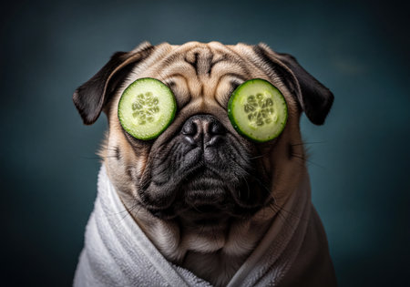 A humorous close up portrait of a fawn pug dog wrapped in a white towel, enjoying a relaxing spa treatment with cucumber slices over its eyes. this image conveys pampering and selfcare.の素材