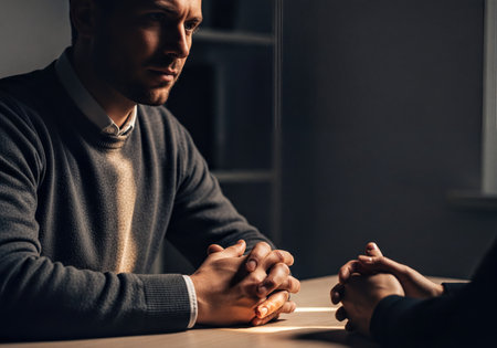 A serious man with a focused expression, wearing a gray sweater, sits at a table with clasped hands, engaged in a deep conversation or interview with another person.の素材