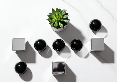 Green succulent plant in a white pot, shiny black spheres, and reflective silver cubes arranged geometrically on a white marble surface. Clean, modern aesthetic with sharp shadows.の素材
