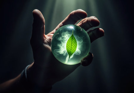 Human hand holding a luminous green leaf encased within a clear, glowing sphere, surrounded by ethereal light rays in a dark setting. Represents environmental protection, life, and a sustainable future.の素材