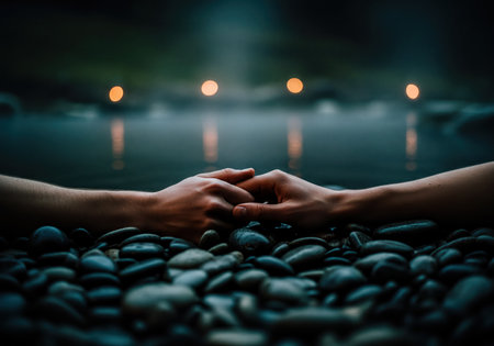 Close up of two hands holding together, resting on a bed of dark, wet pebbles. The background features a serene, blurred body of water with warm, glowing bokeh lights reflecting softly, creating a peaceful and intimate evening atmosphere.の素材