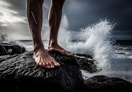 Muscular bare legs and feet firmly planted on dark, wet ocean rocks during a dramatic storm. Powerful waves crash against the shore under a moody, overcast sky with falling rain.の素材