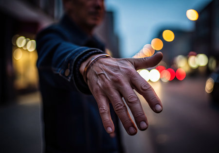 Close up of an adult man's outstretched hand reaching towards the viewer, set against a bokeh-filled backdrop of city street lights at night.の素材
