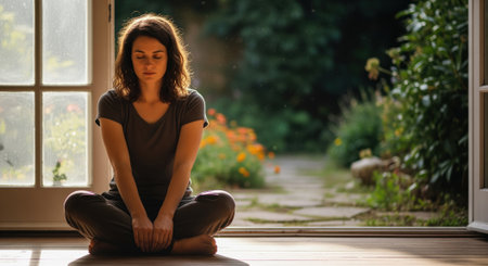 A serene young woman sits cross legged on the floor with her eyes closed, practicing meditation and mindfulness in soft natural light, promoting peace and well being.の素材