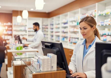 A smiling young female pharmacist is focused on her work, typing on a computer keyboard behind the counter in a bright, modern pharmacy. she is assisting customers and managing medication records.の素材