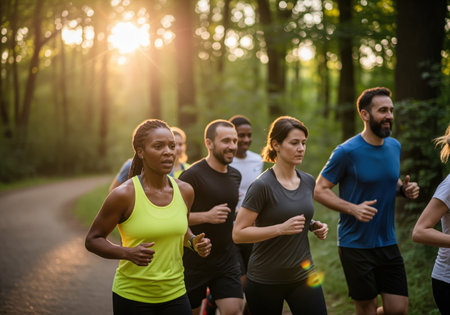 A diverse group of athletic adults runs along a winding path in a sunlit forest during the golden hour. they are focused on their workout, promoting health, teamwork, and outdoor fitness activities.の素材