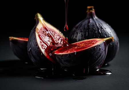 Close up of dark, ripe figs, some cut open, revealing their vibrant red interior. a rich, sweet red syrup drips slowly over the fruit, highlighting its fresh, succulent texture and appealing taste.の素材