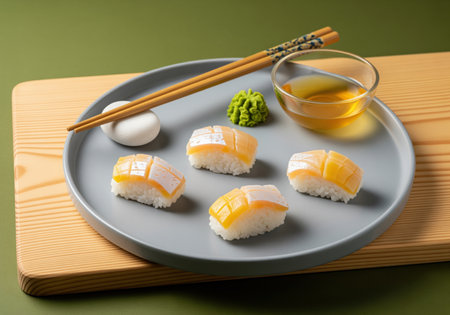 Four pieces of fresh yellowtail nigiri sushi are elegantly arranged on a modern grey plate, accompanied by chopsticks, wasabi, and a small bowl of soy sauce, ready to be enjoyed.の素材