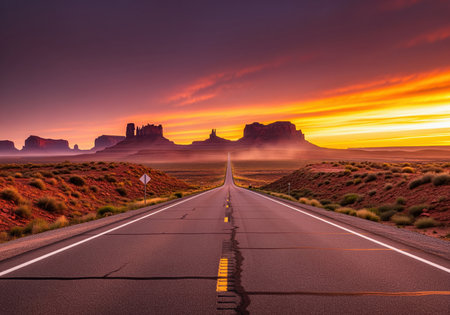 A long, straight desert road extends towards the horizon, framed by iconic buttes and mesas of monument valley under a dramatic, colorful sunset sky. ideal for travel, adventure, and freedom themes.の素材