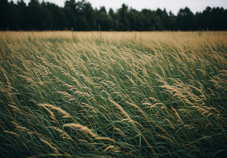 An expansive field of late summer grass, its mature blades swaying gently in a breezy, overcast afternoon, creating a tranquil natural backdrop. perfect for themes of nature, peace, and rural landscapes.の素材