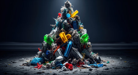 A dramatic close up of a towering pile of colorful plastic waste, including bottles, bags, and fishing nets, highlighting the severe environmental impact of pollution and the global plastic crisis. this impactful image can be used for environmental campaigns.の素材