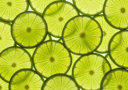 A bright, refreshing background composed of numerous thin, round slices of lime, intensely backlit to reveal the translucent texture and vibrant green color. this pattern is ideal for food, beverage, or healthy lifestyle designs.の素材