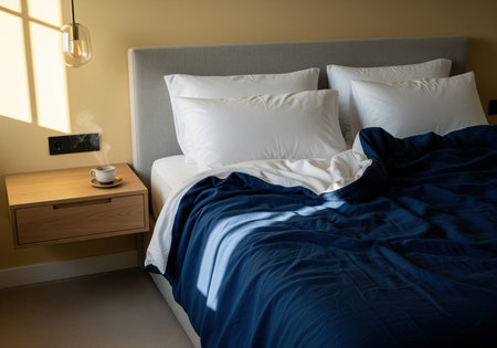 A cozy and inviting unmade bed with a deep blue duvet and white pillows, featuring a steaming cup of coffee on a bedside table, perfect for a relaxed morning atmosphere.の素材