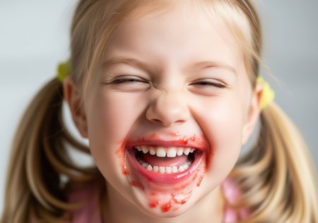 Captivating close up of a happy little girl with a messy face, covered in red fruit or jam, laughing with eyes squeezed shut. perfect for illustrating childhood fun, messy eating, or genuine happiness.の素材