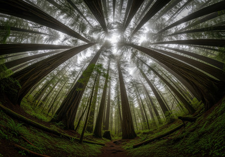 A breathtaking fisheye perspective captures the immense scale of an ancient redwood forest, with towering trees reaching towards a misty sky, creating a powerful and immersive natural scene.の素材