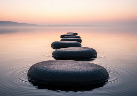 A row of smooth, dark stepping stones crosses calm water during a soft sunrise, creating a path toward the misty horizon. this tranquil scene suggests concepts of progress, meditation, and balance.の素材