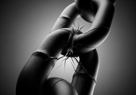 A powerful 3D render of a heavy metal chain link, dramatically cracked and on the verge of breaking. this striking black and white image symbolizes weakness, failure, crisis, and vulnerability, suitable for conceptual designs.の素材