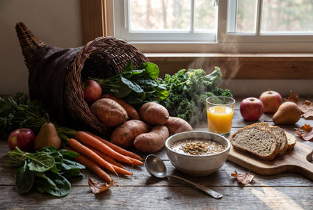 A woven cornucopia spills sweet potatoes and greens onto a rustic wooden table beside a steaming bowl of lentil soup and fresh bread slices under soft window light during autumn harvest season.の素材