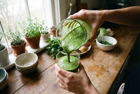 Unrecognizable person pours a thick healthy green smoothie from a jar into a drinking glass on a rustic wooden countertop surrounded by fresh herbs and bowls near a bright window.の素材