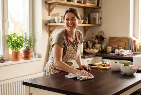 Woman wearing colorful apron and cleaning kitchen island with cloth, surrounded by kitchen utensils and ingredients in a bright and cozy kitchen environmentの素材