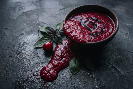 A dark ceramic bowl filled with thick burgundy berry puree overflows onto a black textured stone surface alongside a fresh cherry and green basil leaves under moody lighting.の素材